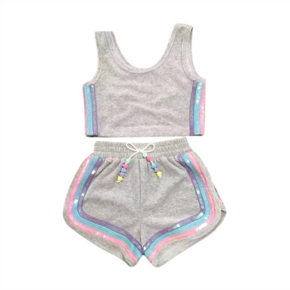 NEW LOLA + THE BOYS girls' rainbow velour sequin tank set in grey